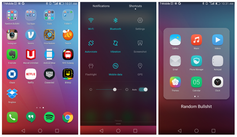 From left to right: Cutesy bubble icons, bulky notifications menu, and app folders ripped straight from iOS.